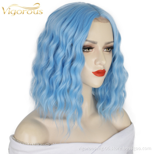 Natural Vendors Fiber Good Quality Cheap For Women Blue High Temperature Water Wave Synthetic Wigs Lace Front